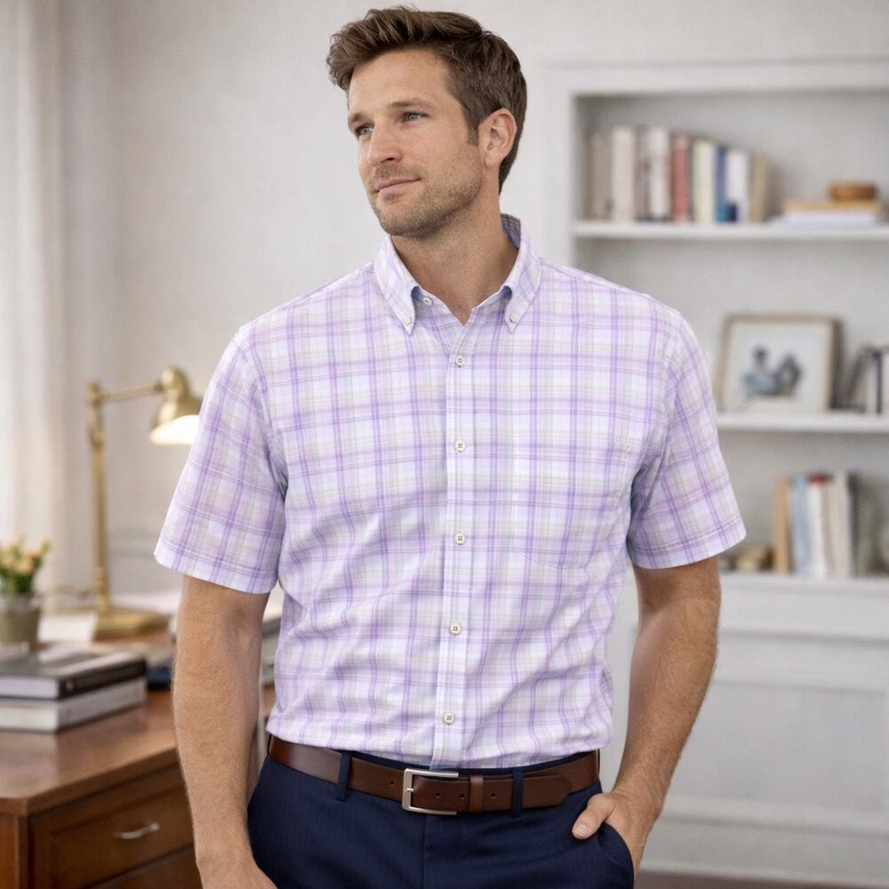 Forsyth of Canada Button Down Shirt Mens Large White Light Purple Plaid No Iron